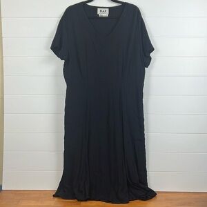 Flax lagenlook comfy flowy vneck dress size L black rayon pockets mid length